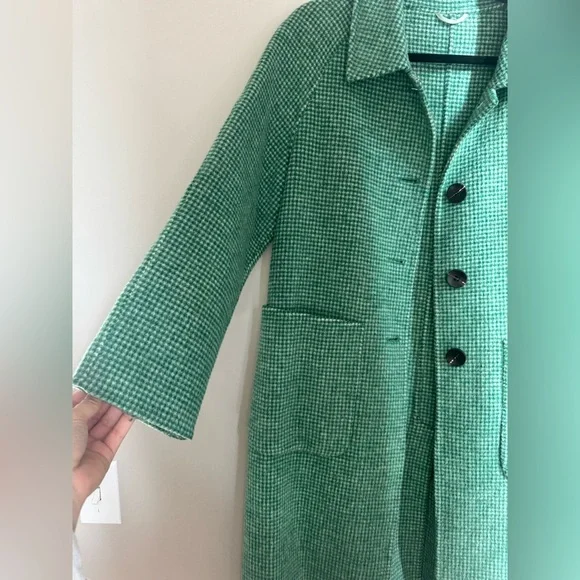Vintage Wool Blend Green Houndstooth Coat Longline Oversized Minimalist Chic Si - Picture 2 of 6